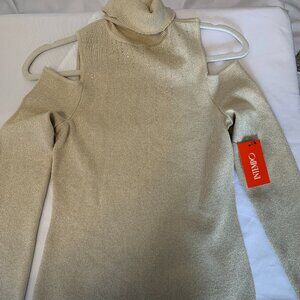 Medium NWT Intempo Gold Shimmer Cold Shoulder Fitted Sweater